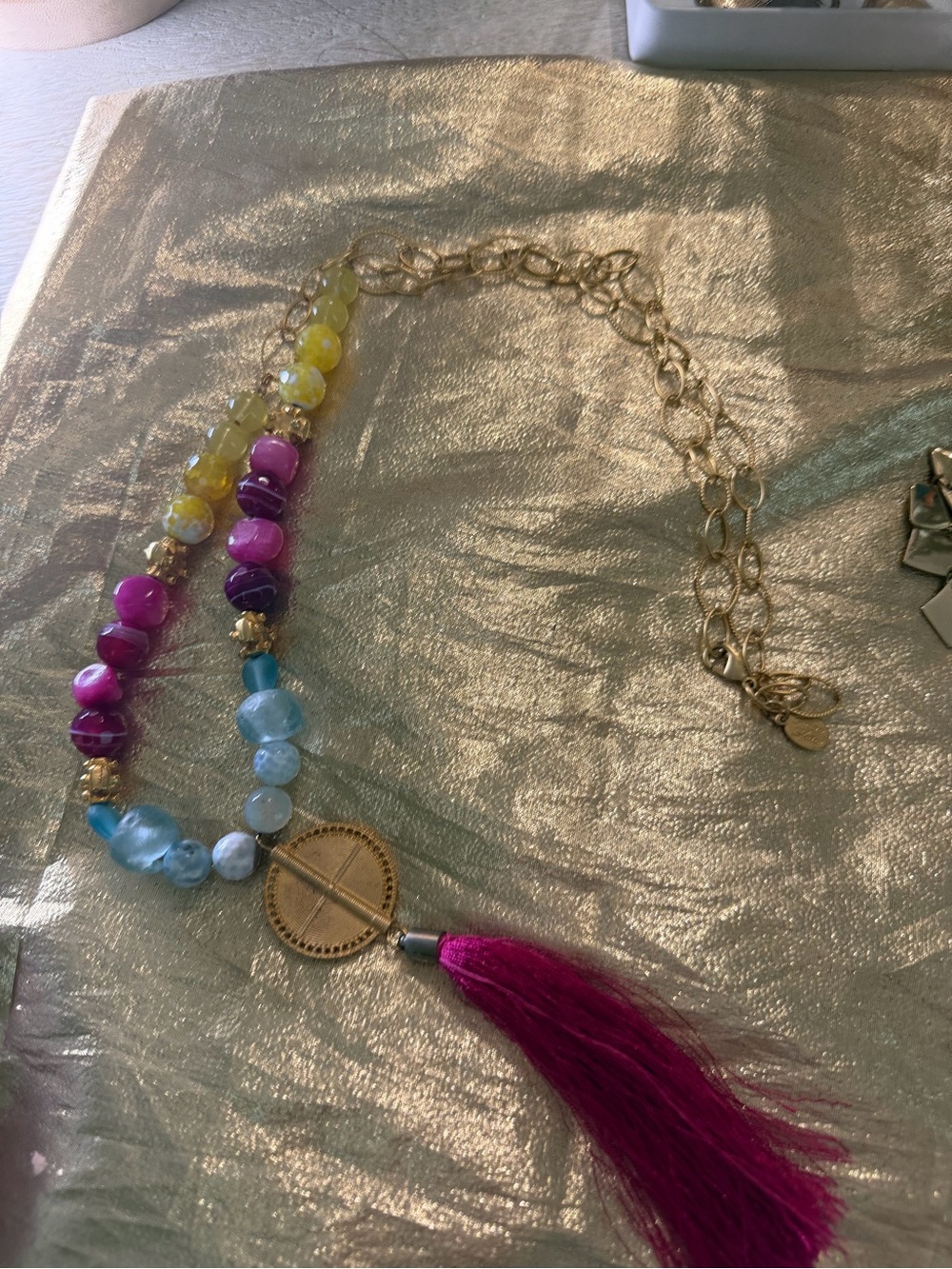 Multicolor Beaded Tassel Necklace - Gold Chain